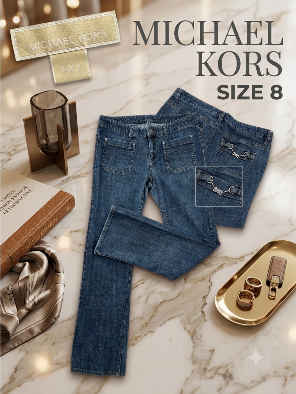 MICHAEL‎ KORS Women’s Bootcut Medium Wash Denim Jeans Silver Buckle Pockets 8